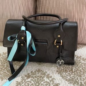 Beautiful black leather patented Rebecca Lawlor Ltd ladies handbag.
